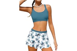 Perdeca Girls Swimsuit 2 Piece Adjustable Strap Bikini Tops and Printed High Waisted Swim Skirt Bathing Suits for Girls 7-16Y