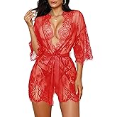 Rigeri Sexy Lingerie for Women Lace Kimono Robe Mesh Chemise Nightgown Lace Robe XS-3XL