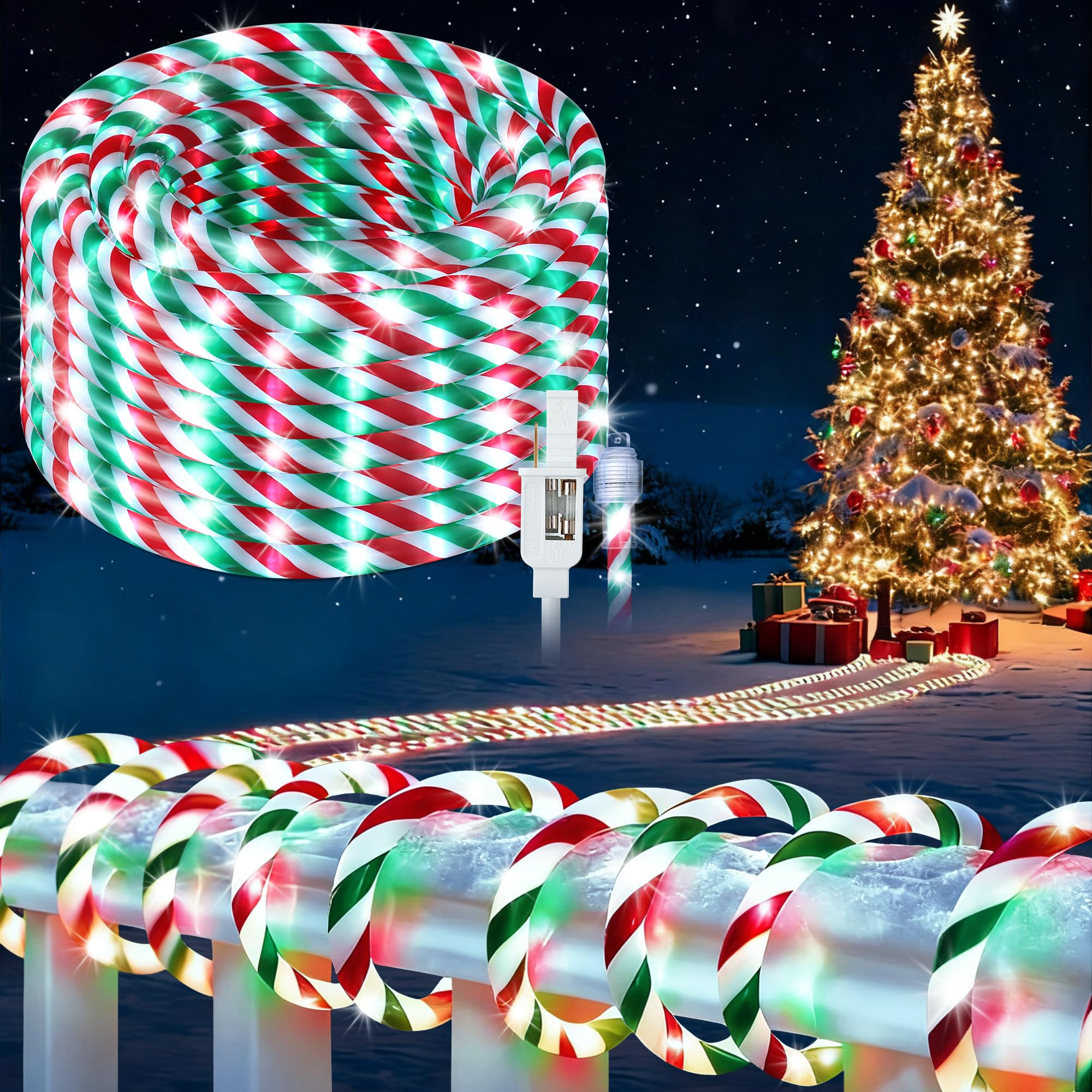 Photo 1 of 33FT Christmas Candy Cane Rope Lights, Waterproof 396 LEDs Candy Cane Outdoor Christmas Decorations, Red White and Green Christmas Lights for Garden, Yard, Party, Holiday Xmas Decor Indoor and Outdoor