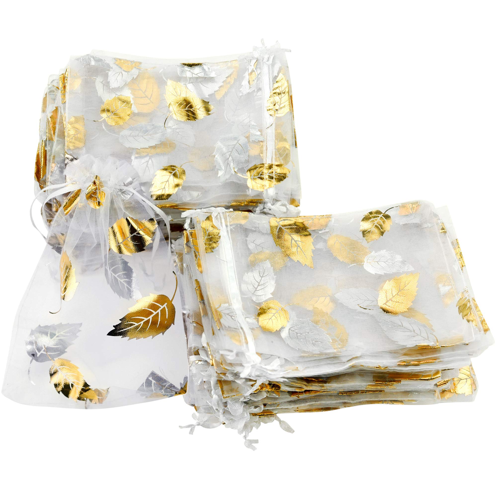 FiveSeasonStuff Organza Wedding Favours Gift Bags Jewellery Birthday Party Baby Shower Arts & Crafts Gift Wrapping Candy DIY Pouches (9cm x 12cm, Gold Leaf)