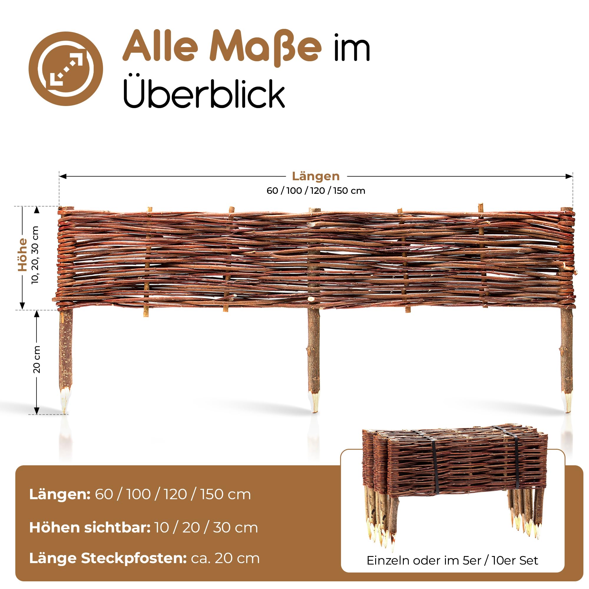BOOGARDI Beeteinfassung Holz · 12 Größen · 10x Weidenzaun 20 cm hoch x 120 cm lang · Garten Steckzaun zur Beetumrandung · Rasenkanten zur Beetbegrenzung aus Weide 6