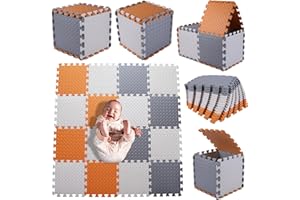 Coolcandy Foam Play Mat(16 Pcs/Set), Multi-Colored Play Mat for Baby, EVA Non-Toxic Interlocking Foam Puzzle Floor Mats, 0.4" Thick Square Kids Playmat for 47 * 47" Playpen(White/Gray/Orange)