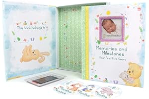 Keepsake Artistry 5 Year Baby Memory Book-Decorative Box-Clean Ink Pad -Monthly Anniversary Stickers-Keepsake Envelope-Boy-Girl Gender Neutral – Designed for all families-96-page watercolor