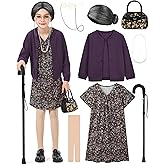 FancyFun 8 Pieces Old Lady Costume for Girls, 100 Days of School Costume for Kids Grandma Wig Granny Dress Cosplay Outifits