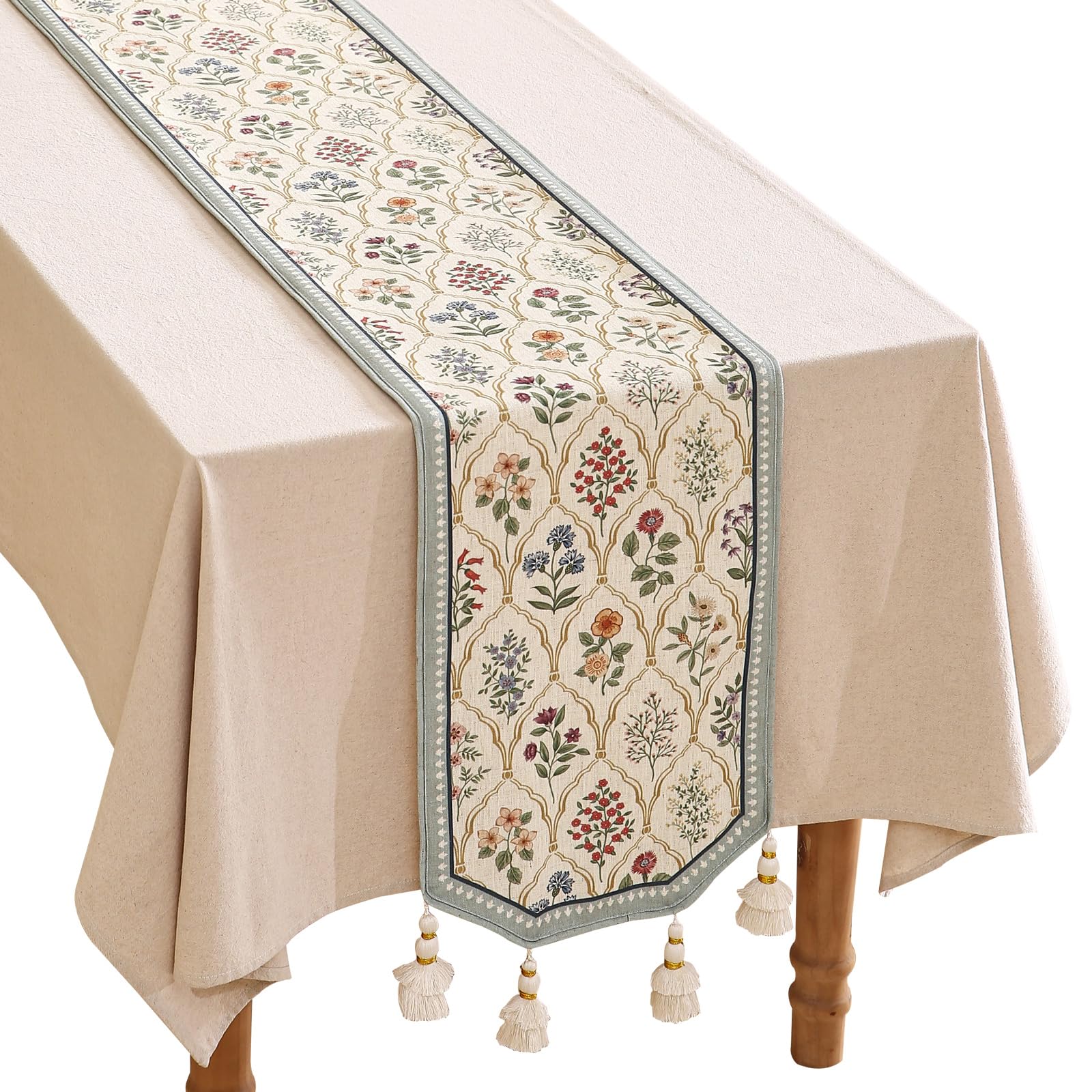 Photo 1 of **USED** ISAENNE Designer Vintage Elegant Linen Table Runner 102 Inches Long,Colorful Wildflower Pattern Runner,Decor Table Runners for Dining Tables,Thanksgiving,Christmas,Banquet,12"*102"-Serenity B