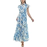 Taylor Womens Floral Flutter Sleeve Collared Button Down Maxi Dress with Waist Tie