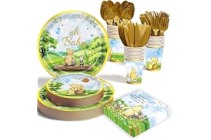 B4B3E 175pcs Vintage Winnie Bear Baby Shower Pooh Decorations Birthday Party Supplies Tableware Set (25 Guest)With Paper Plates Cups Napkins Cutlery for Boy Girl Newborn Birthday Party Dinnerware Decoration