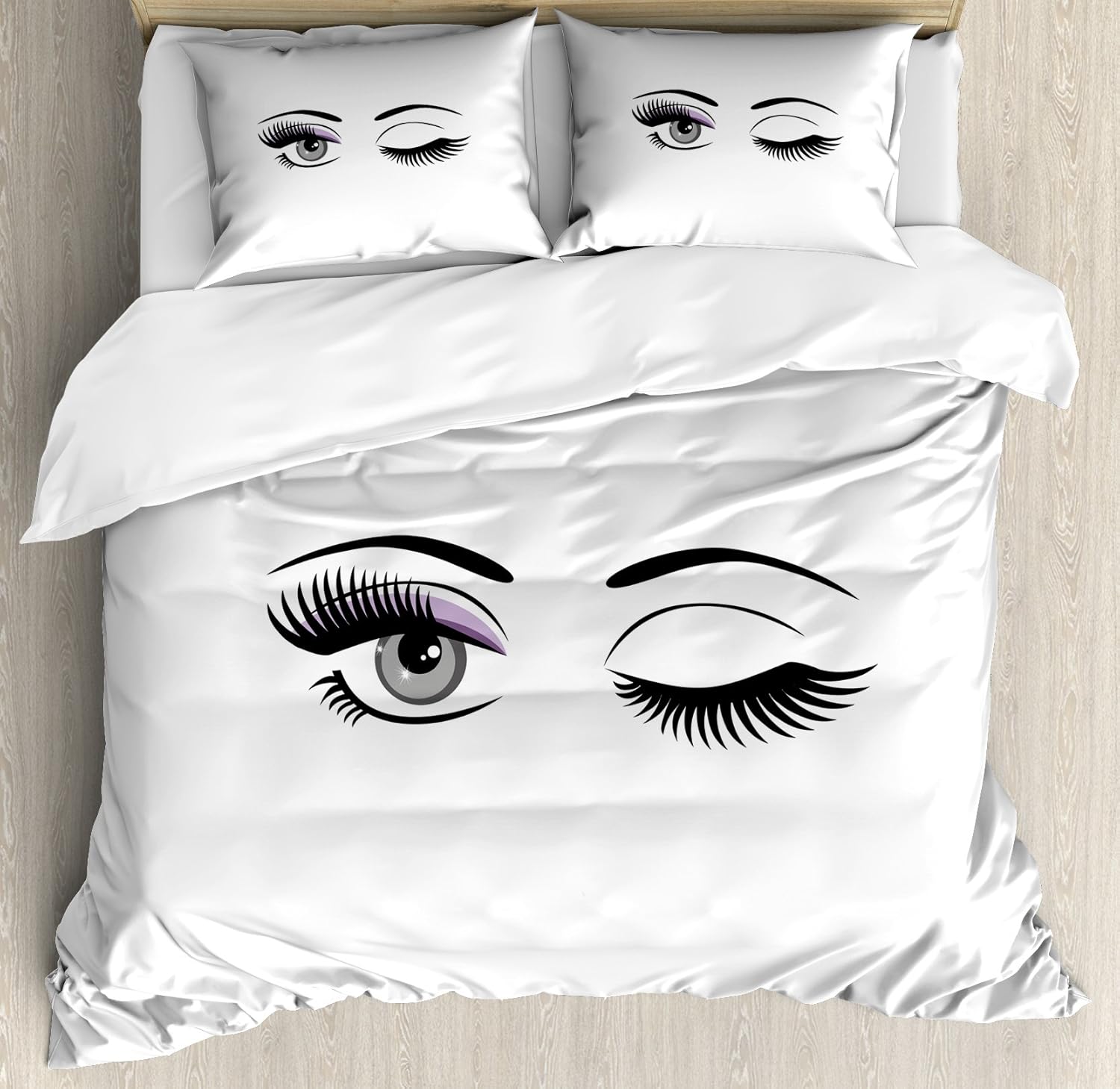 Ambesonne Eyelash Duvet Cover Set, Cartoon Style Dramatic Woman Eyes with Long Lashes Winking Flirting Gesture, Decorative 3 Piece Bedding Set with 2 Pillow Shams, Queen Size, Black Lilac