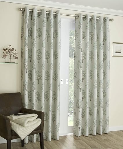 Orchard Lined Eyelet Curtains 106 X 90 Embroidered Spring Trees