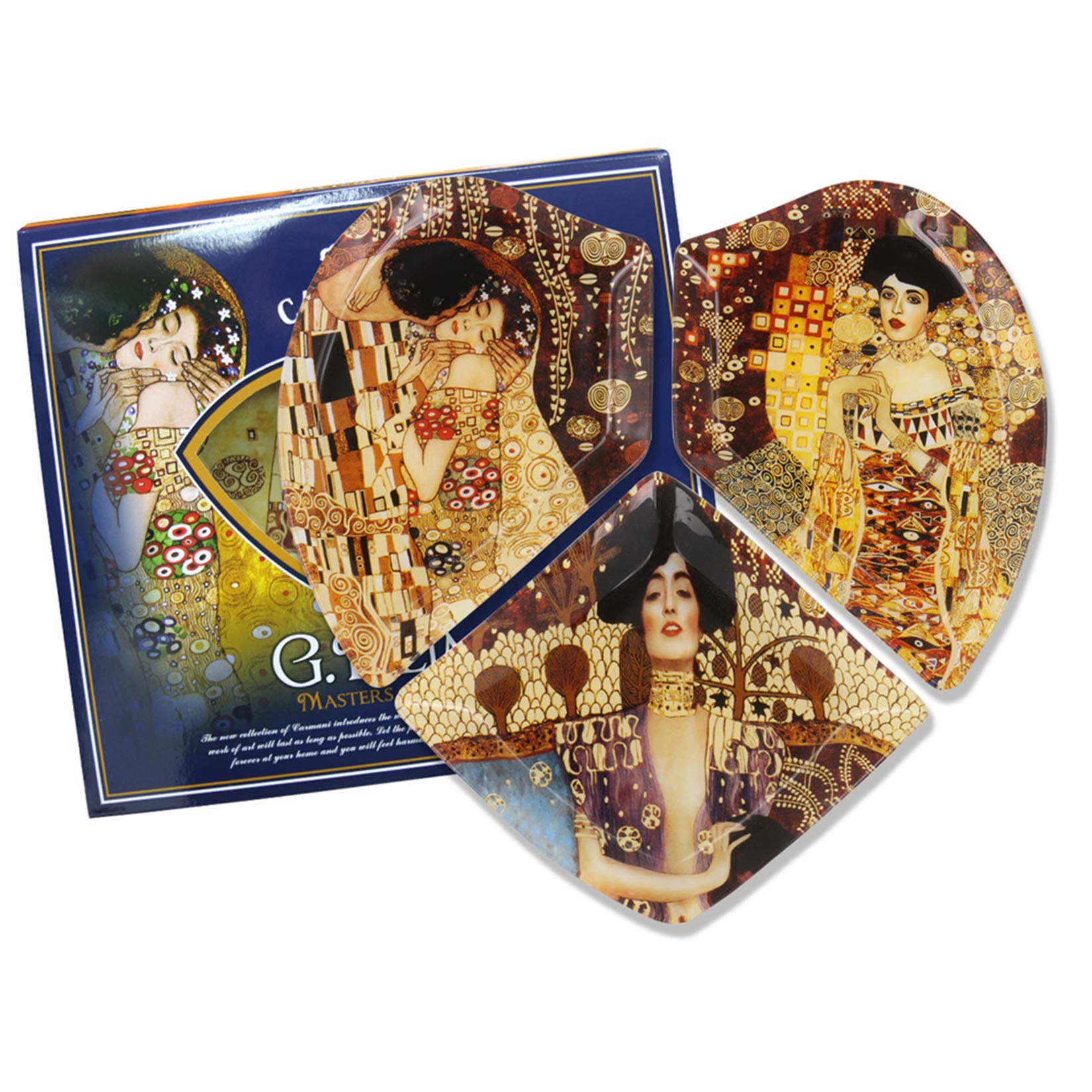 Carmani - 3-pieces heart shape, glass plate snack, party food, nuts, serving plate with mix pictures by Gustav Klimt 29,6 cm