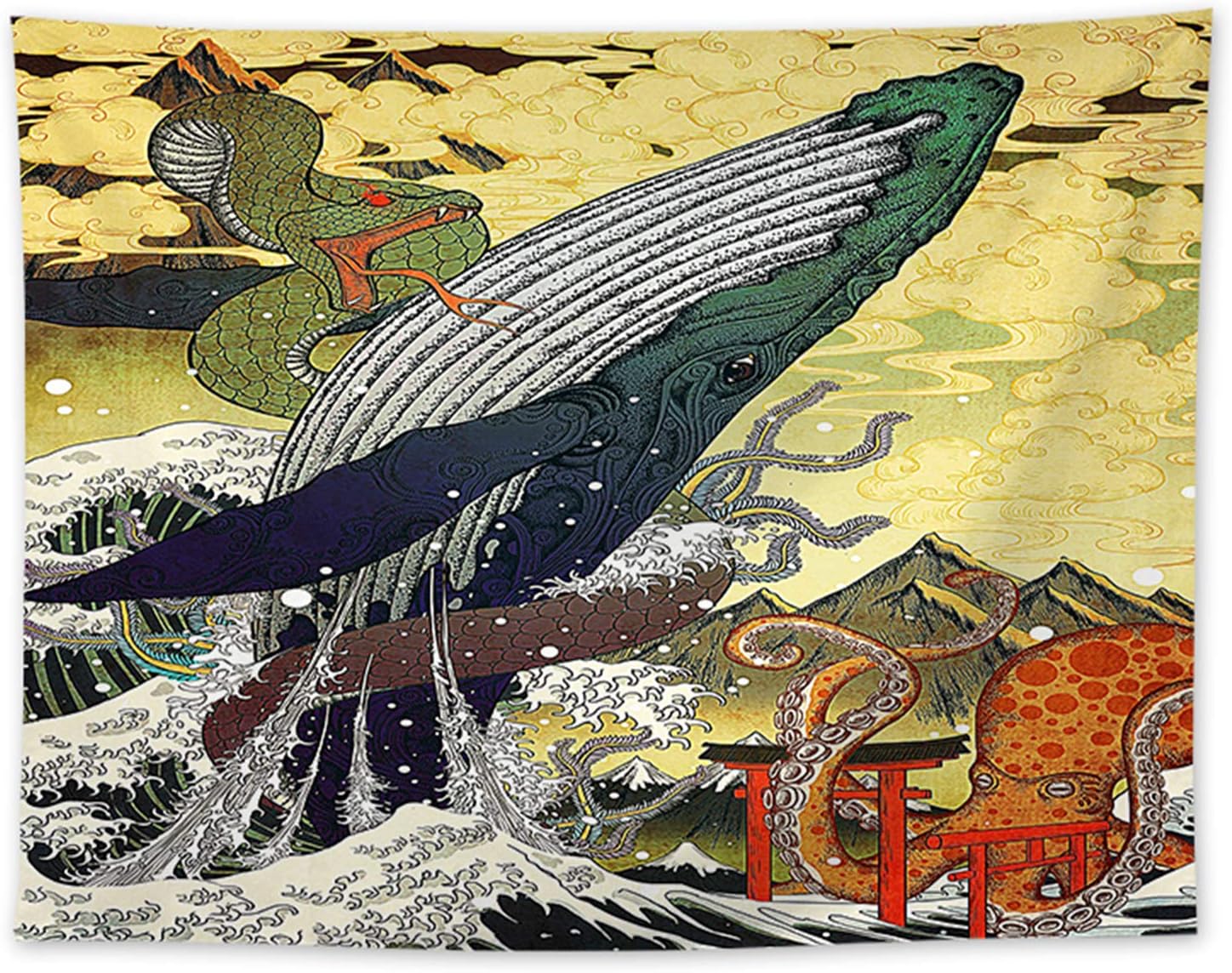 Simpkeely Ukiyo-e Japanese Whale Snake Kraken Wave Painting Tapestry, Animal Tapestry Wall Hanging Sea Wave Koi Japanese Art Décor for Dorm, Bedroom, Living Room – 59” x 51”