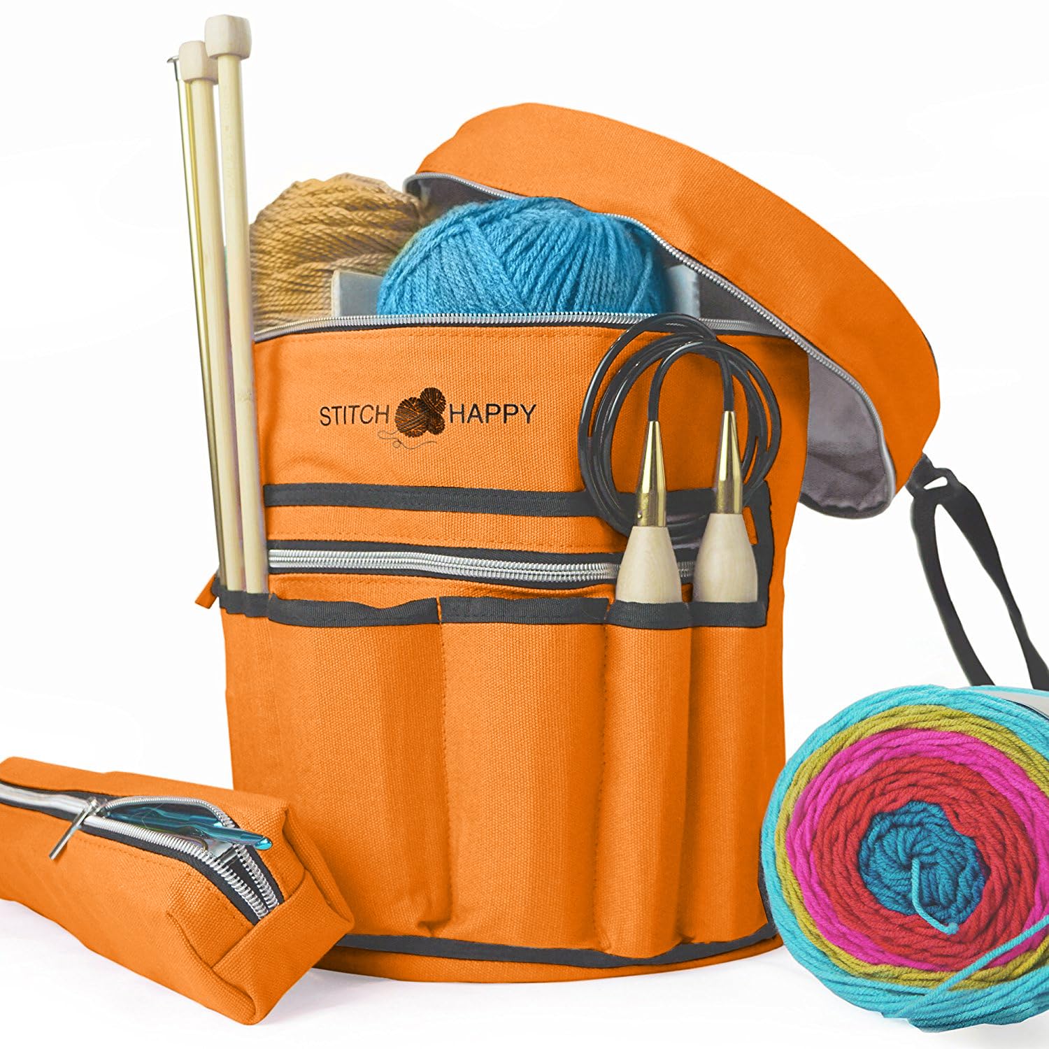 Stitch Happy Knitting Bag (Orange): 7 Pocket Yarn Bag, Knitting Tote, or Crochet Storage