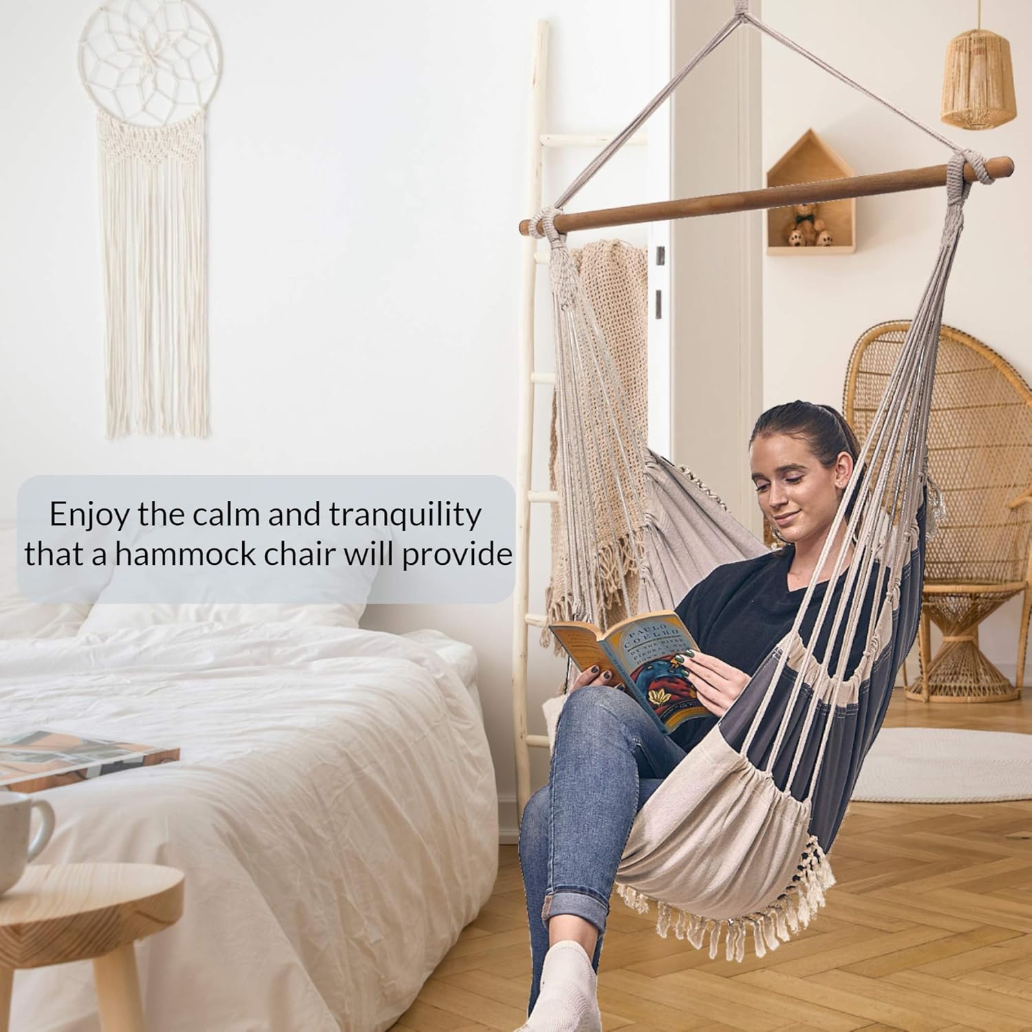 Bdecoru Hanging Hammock Chair Large Swing Chair | Sitting and Reclining Positions | 2-Layer Fabric for Extreme Durability | 2-Tone Beige and Gray Plus 2 Cushions and Side Pocket | Indoor/Outdoor Use: Furniture & Decor