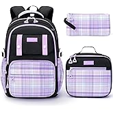 Fimibuke School Backpack for Girls, 3 PCS Waterproof Teen Girls Backpack with Lunch Box, Pencil Pouch Set, Cute Kids Bookbag School Bag for Elementary Middle High School Student Age 6+(Black & Purple)