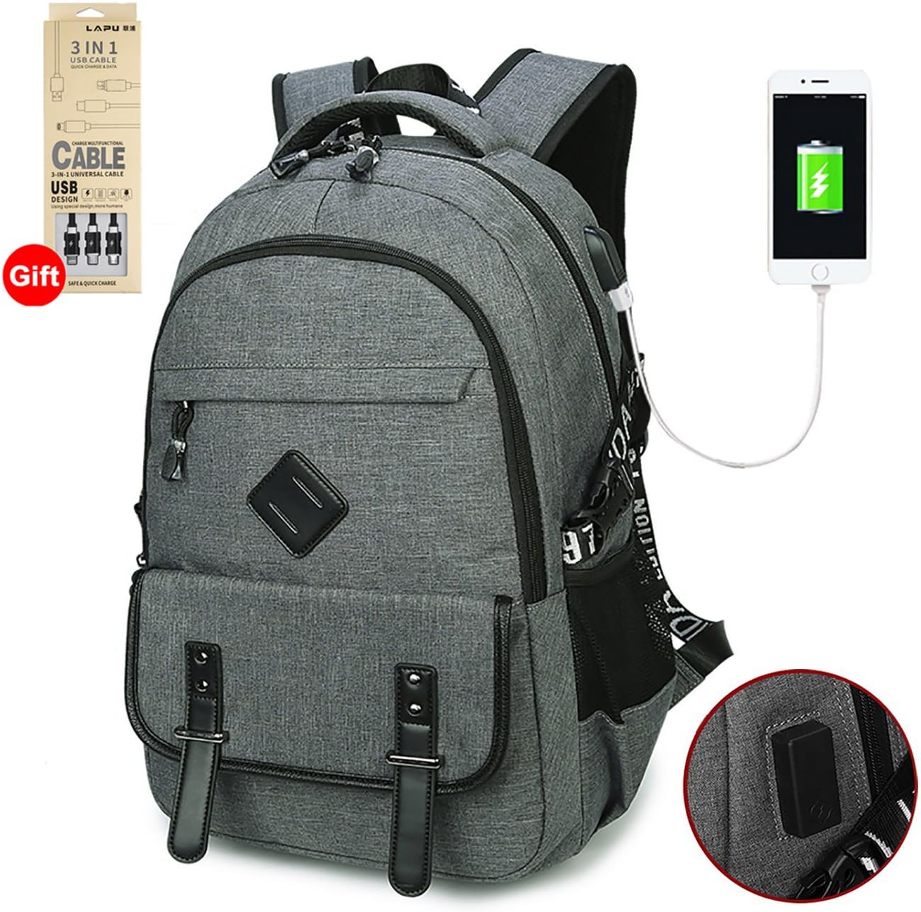 Waterproof Business Laptop Backpack with USB Charging Port, Lightweight Causal School Travel Backpack, Fits Under 17 inch Laptop and Notebook (Grey)