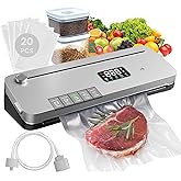 Vacuum Sealer Machine, 6-in-1 Food Sealing Machine, 75Kpa Strong Suction, with Digital Timer, External Cutter, Dry/Wet Separation Mode, Equipped with 20 Vacuum Bags for One Click Operation