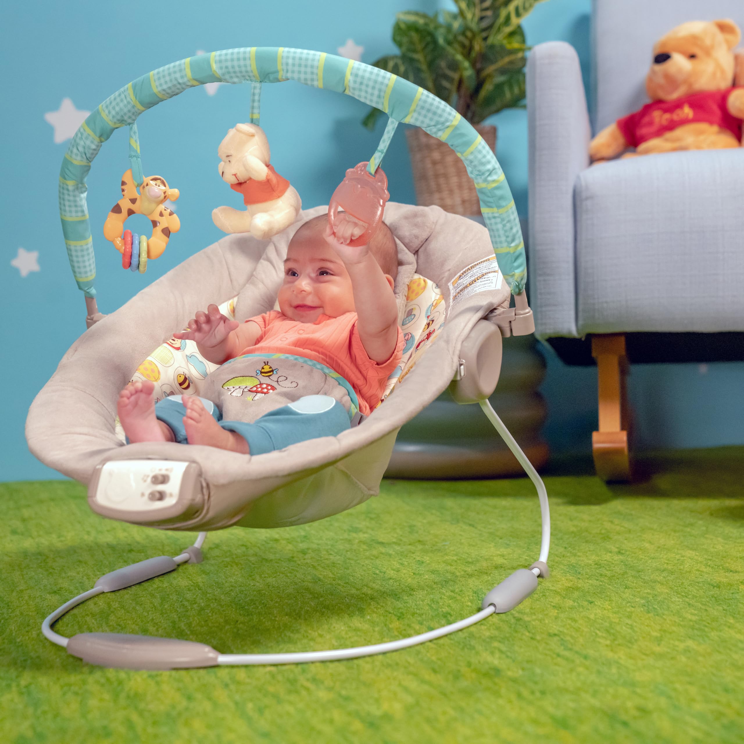Bright Starts Disney Baby Winnie The Pooh Baby Bouncer Soothing Vibrations Deluxe Infant Seat - Faux Suede, Music, Removable -Toy Bar, 0-6 Months 6-20 lbs (Dots & Hunny Pots)
