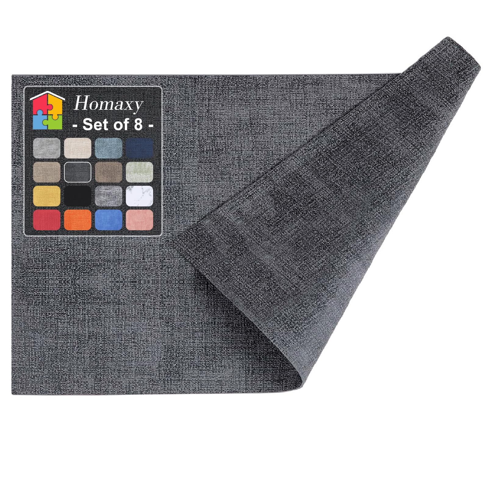 Homaxy Faux Leather Heat Resistant Placemats for Dining Table Set of 8, Waterproof Wipeable Washable PU Table Mats, Easy to Clean Anti-Slip Place Mats, 11.8" x 17", Dark Grey Image