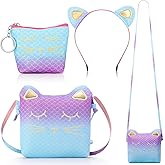 Weewooday 3 Pcs Cat Shoulder Bag Set, Cute Crossbody Bag Gift Hand Bags with Mini Coin Purse Cat Headband Gifts for Girls(Blue, Purple)