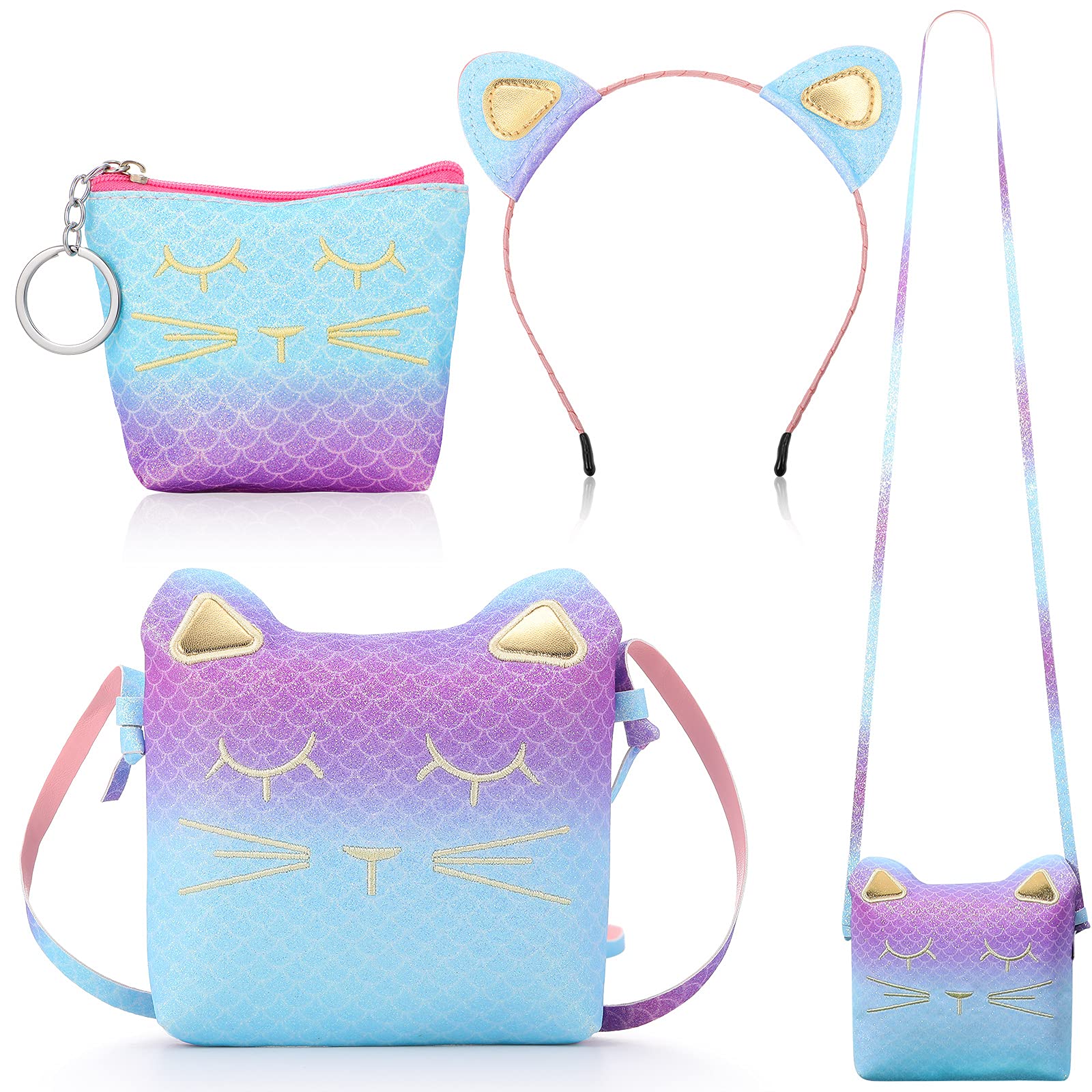 Cute Mermaid Cat Crossbody Bag - Gradient Little Girls Purses with Cat Ears Headband & Mini Coin Wallet for Kids & Toddlers