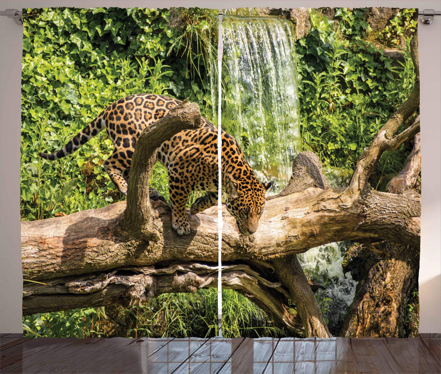 Ambesonne Safari Curtains, Jaguar Cat on Tree Trunk Waterfall Endangered Species Wild Life Fast Anim