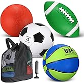 Deekin 4 Pcs Sport Balls Set for Kids Teens, Include Official Size Basketball Soccer Football Playground Ball and Pump Sports Equipment Bag Sports Gift Back to School(Navy Blue, Green)