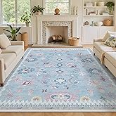 5x7 Washable Area Rugs - Modern Oushak Rug Vintage Floral Carpet for Living Room Non-Slip Low Pile Soft Machine Washable Carpet for Bedroom, Dining Room, Nursery, Home Office (5'x7', Blue and Pink)