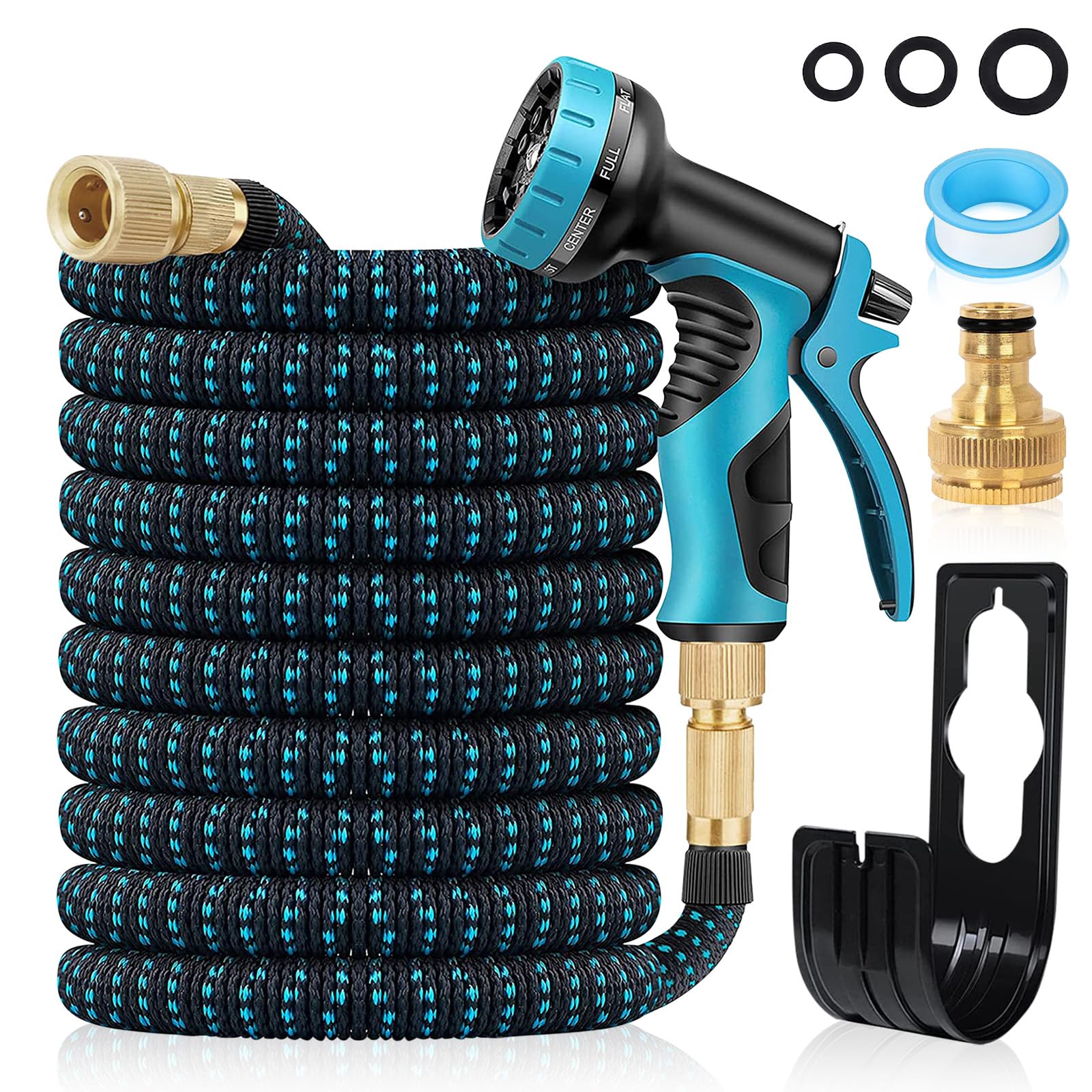 Expandable Garden Hose 100ft 3 Times Expanding Flexible Magic Water Hose Pipe with 10 Function Nozzle, 4 Layer Latex and 3/4'' Solid Brass Fitting Anti-Leakage Easy to use (Blue)