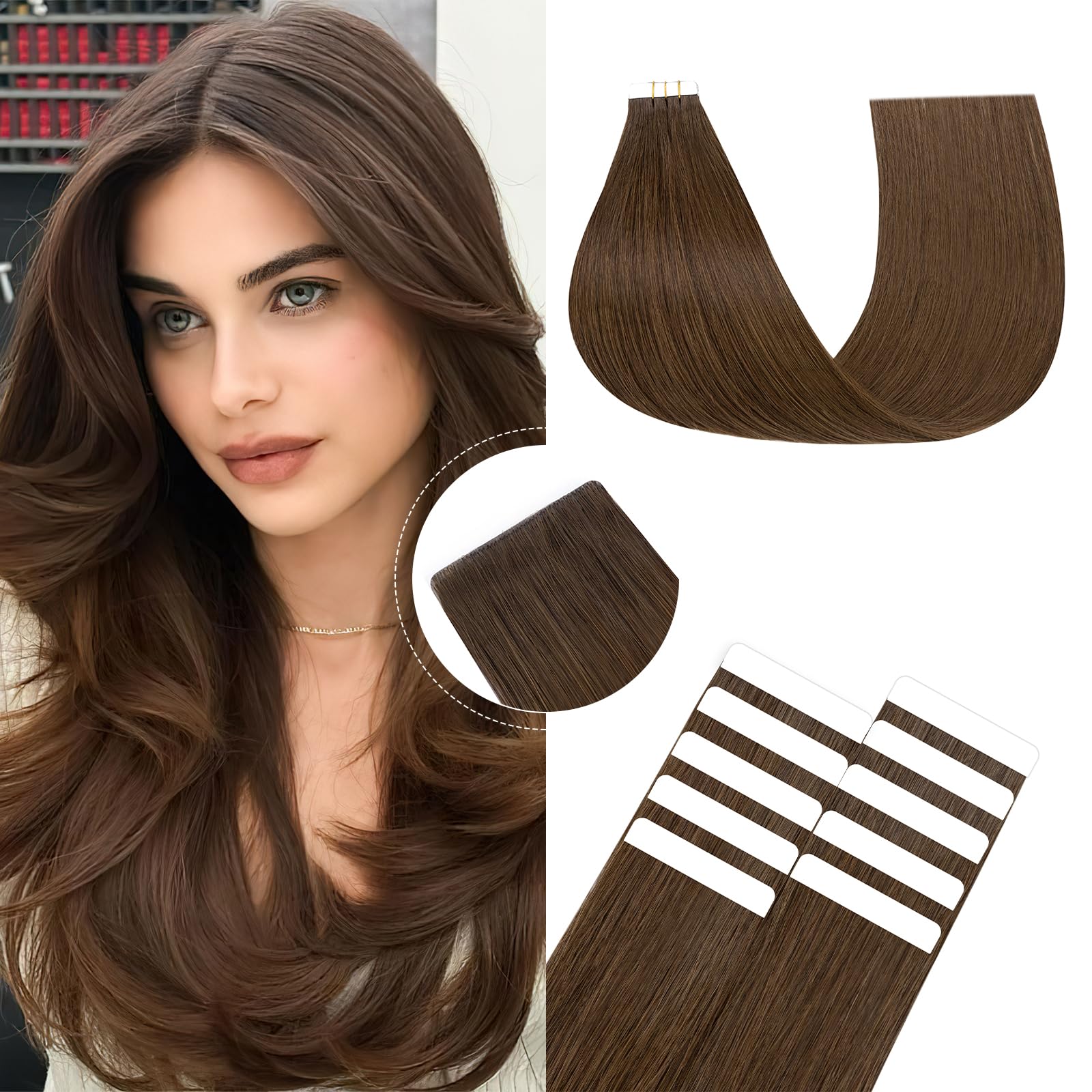 SEGOHAIR Tape in Hair Extensions Human Hair Virgin Hair Pieces Injected Remy Tape Hair Extensions, Invisible Seamless for Women 16" 12.5g 5pcs Chocolate Brown — image 1