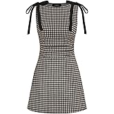 CIDER Mini Dress Gingham Bowknot Ruched Sleeveless Summer Crew Neck Short Dress Babydoll A Line Fit Flare