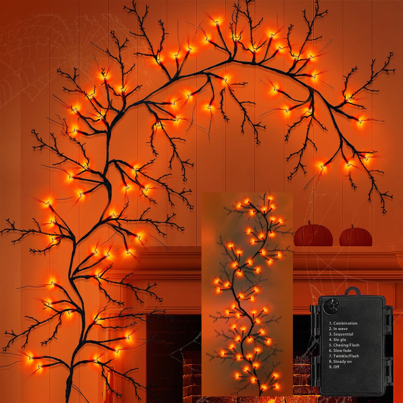 Photo 1 of [8 Modes & Timer 6Ft 54 LED Willow Vine Twig Garland with Lights - Orange Halloween Lights - Battery Operated, Waterproof for Mantle, Wall, Fireplace - Indoor Decoration