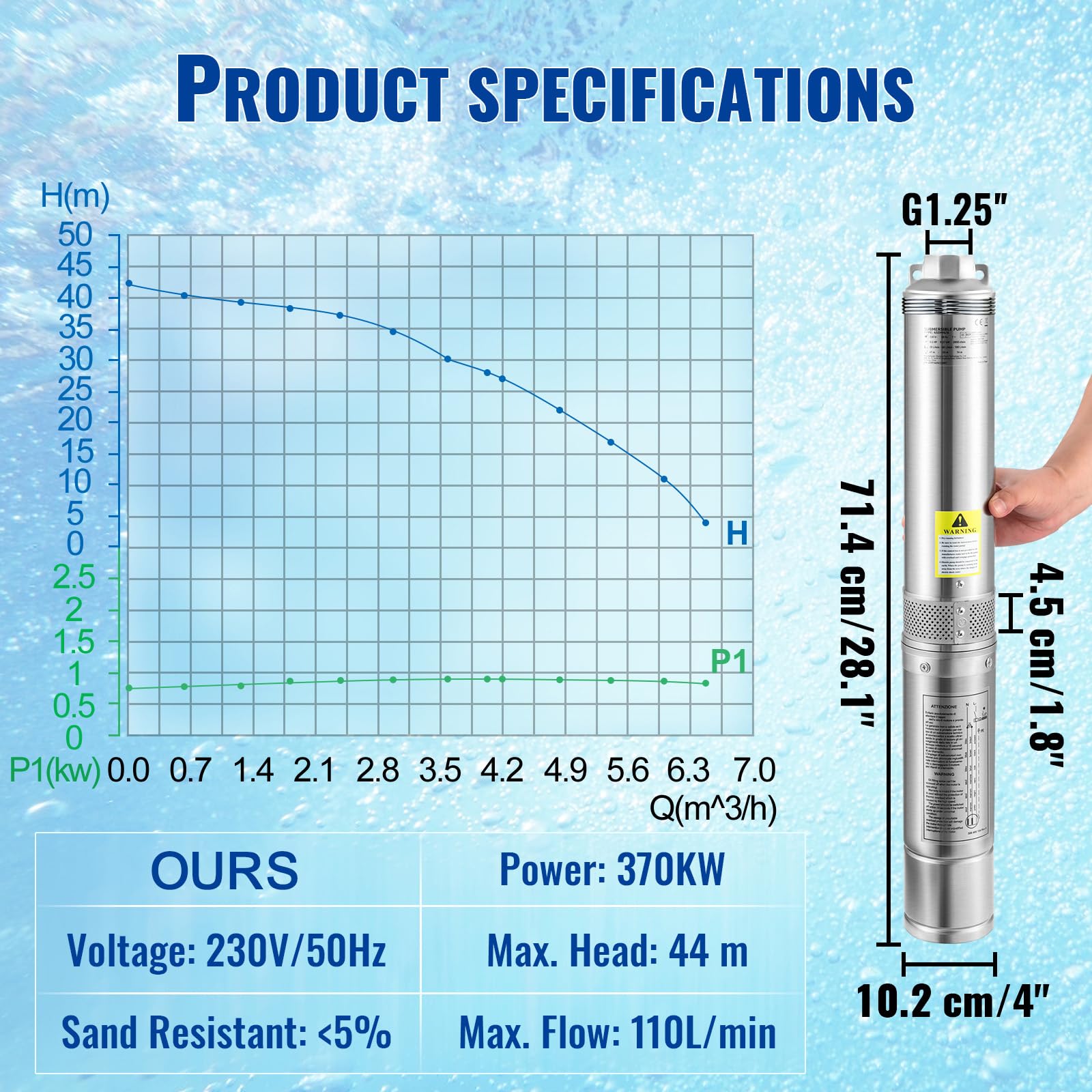 VEVOR 4'' Tiefbrunnenpumpe 370W Brunnenpumpe 110L/min Tauchpumpe max. Förderhöhe 44m Rohrpumpe 230V 50Hz Edelstahl Wasserpumpe 040℃ Pumpe Ideal zum Bewässern WasserVersorgen Entwässern, Silber 8