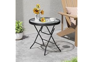 PATIOHIT Foldable Side Table with Tempered Glass Top 18" Outdoor Folding Side Tables Small Glass Patio Table for Porch Yard Balcony Deck Lawn Dining Garden (Black)