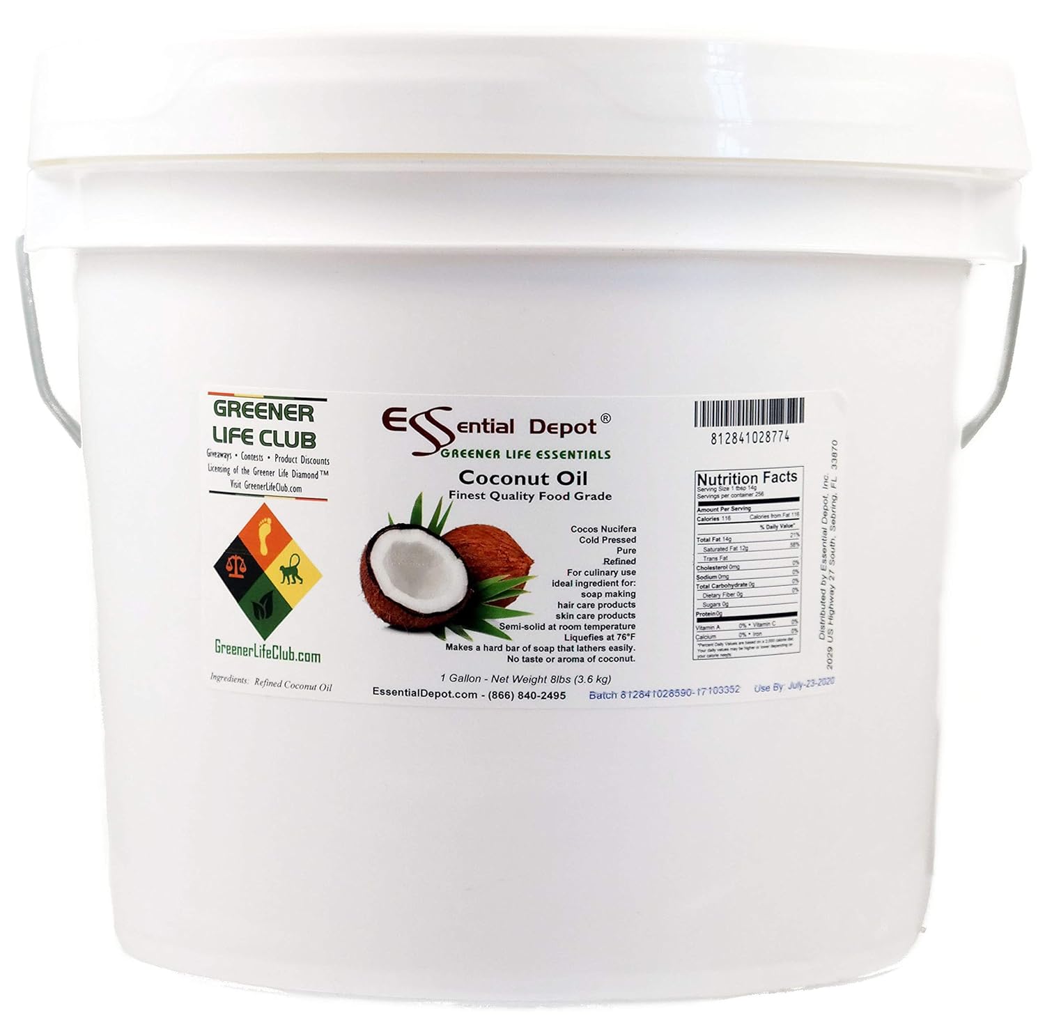 Coconut Oil - Food Grade - 8 lbs in a 1 Gallon Pail - HDPE microwavable container with resealable lid and removable handle