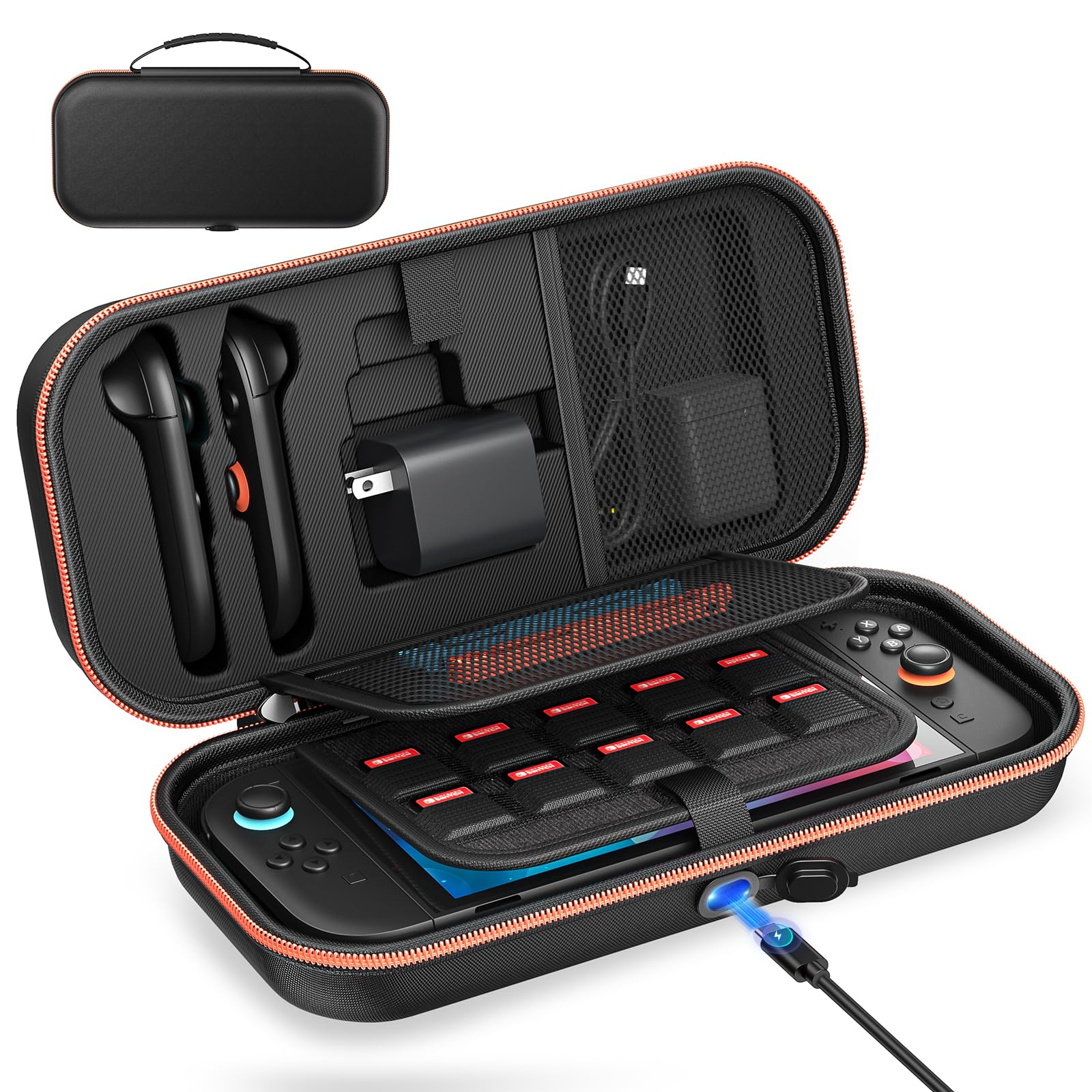 [Ladung Innen] Tasche für Nintendo Switch 2/OLED/Original, Große Harte Tragetasche für Adapter und Joy-pad Aufbewahrung, Reise-Tasche für Switch 2 Konsole mit 22 Spielkartenfächern