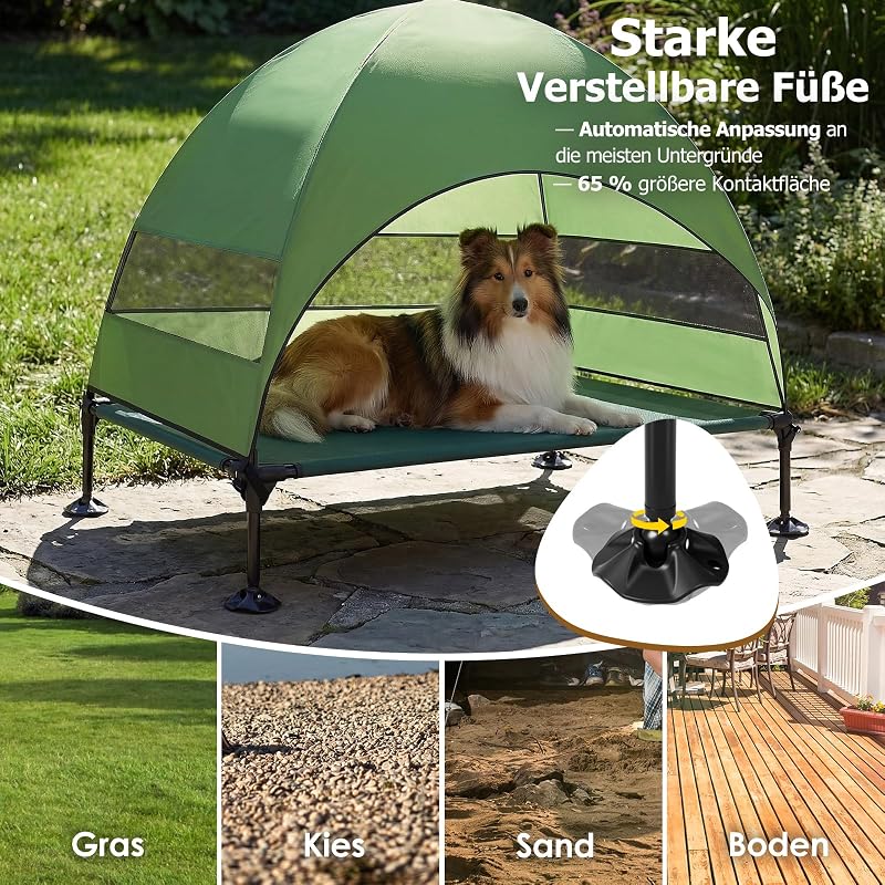 Erhöhtes Hundebett Outdoor mit UV-beständiges Dach，Hundeliege Klappbar mit Anti-Rutsch-Füßen, Hundezelt Outdoor mit Großem Schatten, Kühlendes ErhöHtes Hunde Bett für Camping, Garten (Grüner, L)
