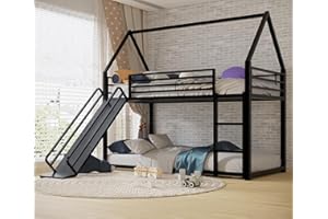 AEMSOFK Twin Over Twin Bunk Bed with Slide,House Shaped Bedframe w/Ladder, Heavy Duty Low Bunk Bed Frame with Guardrail,No Box Spring Needed & Easy Assemble(Black)