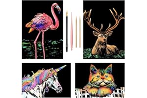 MeowHaus Scratch Art Rainbow Painting Paper, Craft Art Set: 4 Sheets Animal (A4) with 4 Tools, DIY Scratchboard Crafts Engraving Womens Hobbies, Kids and Adults Christmas Birthday Party Gift