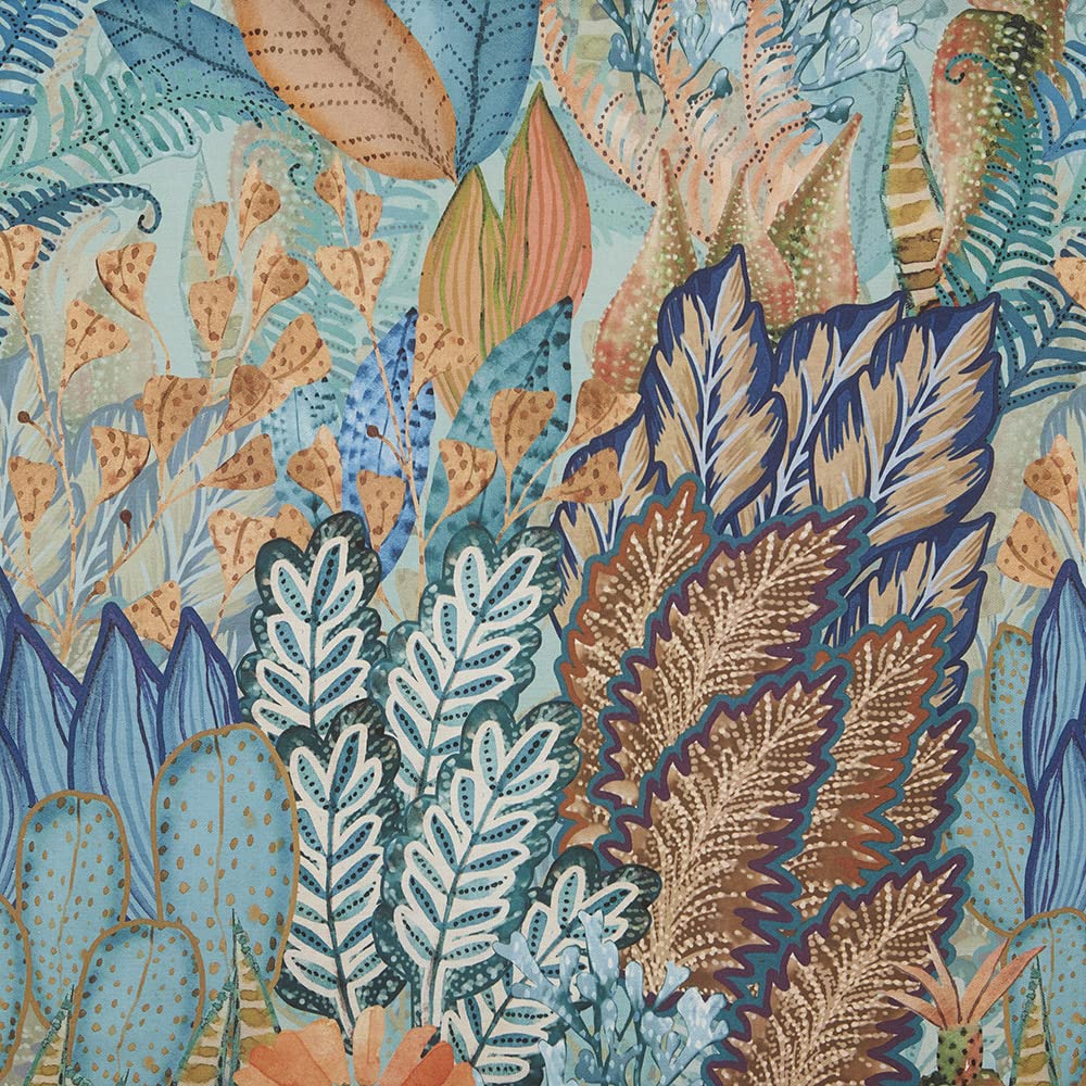 Kt KILOtela - Digital Printed Canvas Fabric, Upholstery, Cushions, Curtains, Half Panama Cotton, 100cm Length x 280cm Width | Botanical Idah - Blue, Green, Orange ─ 1 Meter