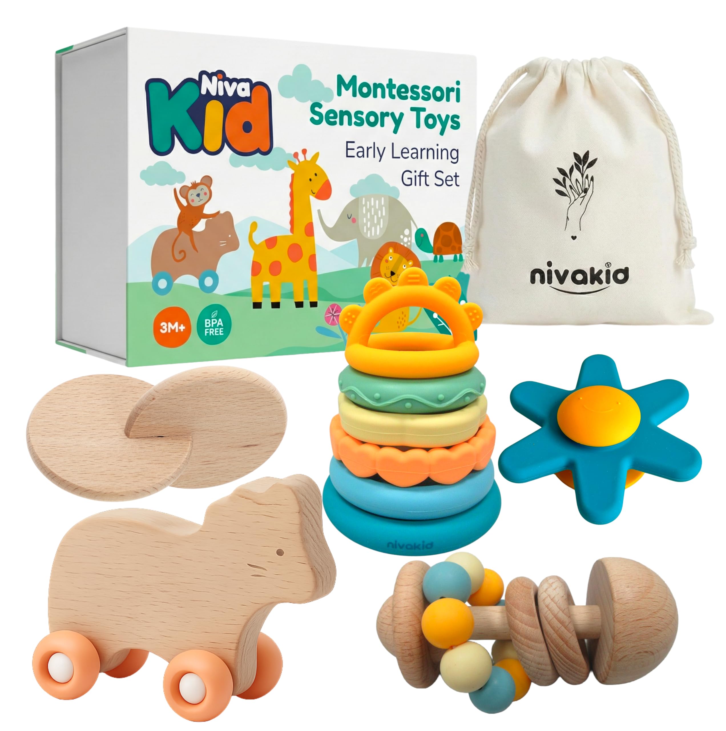 nivakid Montessori Baby Toys 3-36 Months, Wooden Baby Toys Gift Set with Rattles, Stacking Rings & Sensory Toys, New Baby Gift for Boys and Girls