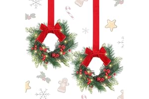 Thiccywoov 2 Pcs 9 Mini Christmas Wreath for Front Door Christmas Artificial Pine Needle Winter Wreath for Cabinet Wedding Window Home Wall Indoor Decor