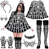 Fabllewavi 7 PCS Women Halloween Spider Costume Accessories - Spider Web Dress Poncho Hair Hoop Lace Mask Choker Earrings Lace Gloves Long Stockings