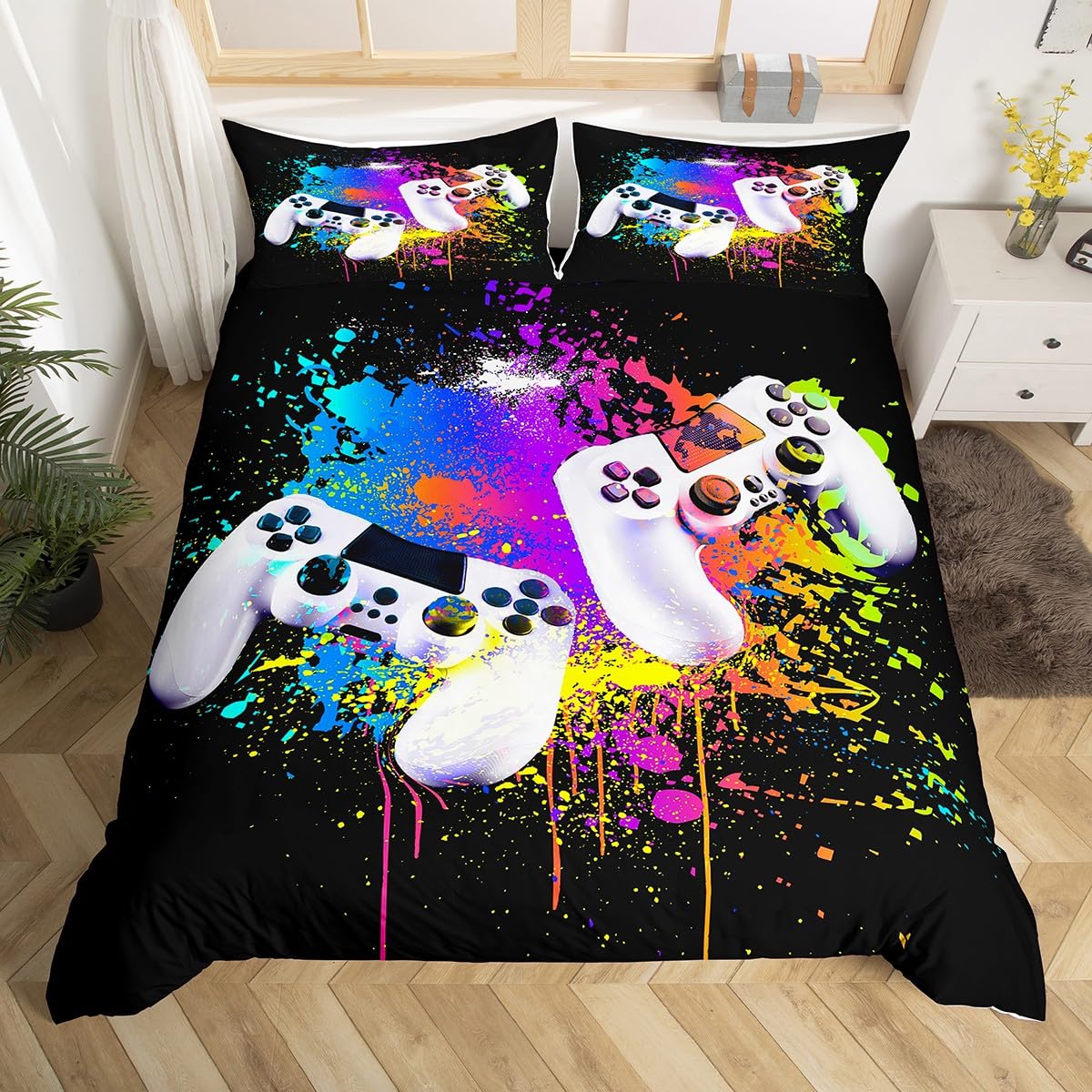 Boys Gamepad Duvet Cover Set Gaming Gamer Bedding Set for Kids Girls Teens Chic White Video Joystick Design Bedding & Linen Colorful Tie Dye Quilt Cover with 2 Pillowcases 3Pcs Bedding Double — image 1