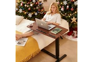BeGyoku Overbed Table,Hospital Bed Table,Pneumatic Bedside Table Adjustable Over The Bed with Hidden Wheels&USB,Mobile Laptop Cart&Rolling Tray Table Hospital Home Use-Walnut