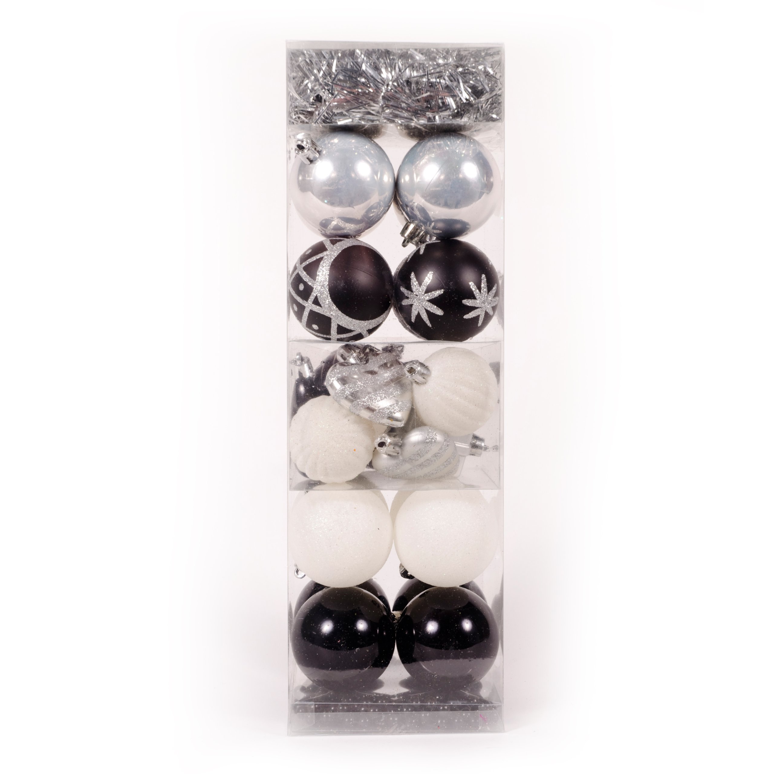 WeRChristmas 28-Piece Deluxe Variety Christmas Tree Baubles Decoration Pack with Tinsel and Beads, Black/Silver