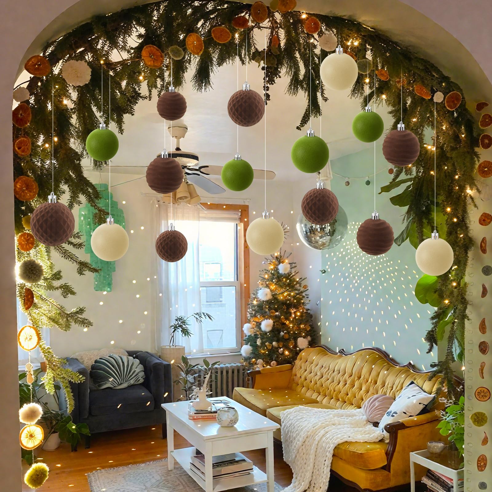 Photo 1 of 16 Pcs Christmas Ceiling Hanging Decorations Large Christmas Ball Ornaments Flocked Velvet Balls, Brown Beige Green Neutral 2.4 Inches Shatterproof DIY with Hook and Fishing Line for Wall Tree Garland
