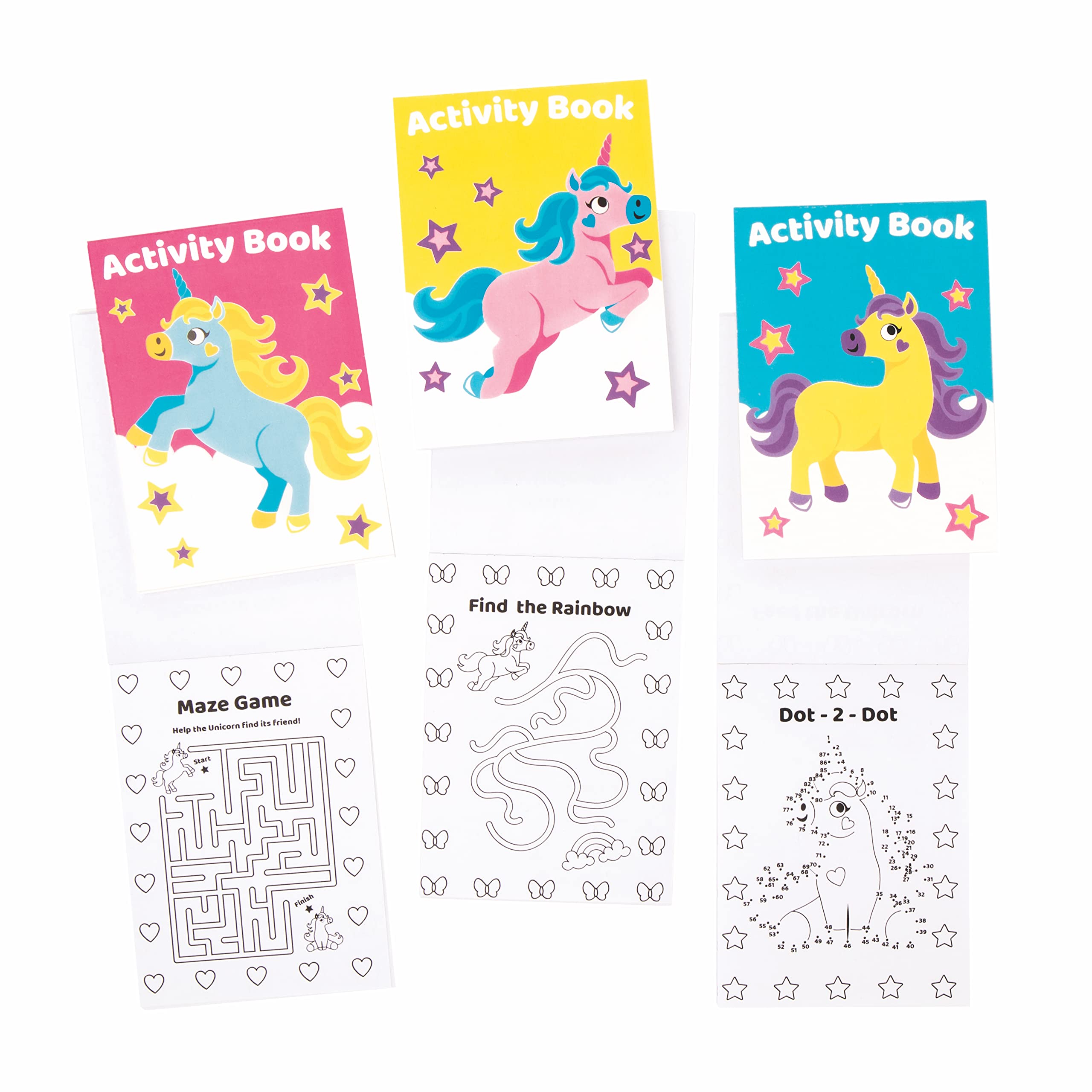 Baker Ross FE542 Unicorn Mini Actvity Books - Pack of 12, Includes Puzzles, Stickers, Dot to Dot and Colouring Pages for Kids
