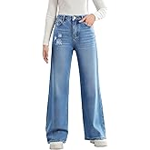 Handfrog Girls Ripped Jeans Wide Leg Denim Pants Cute Cotton Fall Clothes for Kids Streetwear