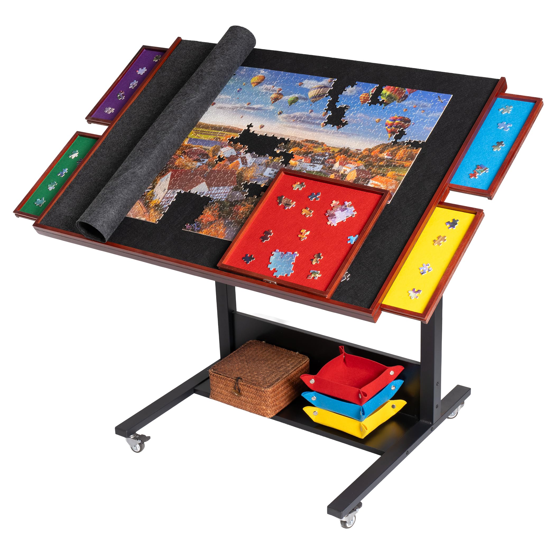 Becko US 36.6 x 26 Inches Tilting Puzzle Table/Board for 1500 Pieces, Jigsaw Puzzle Table with Drawers & Height Adjustment, 5 Colored Sorting Trays with Felt Cover Protecting, Movable with 4 Wheels