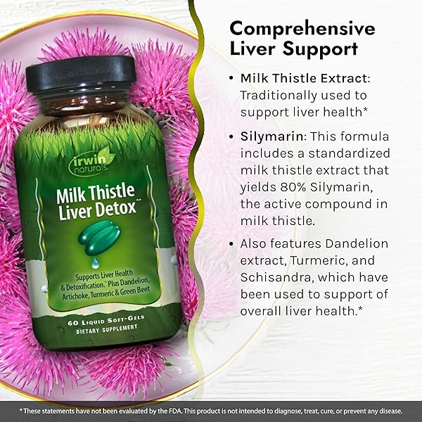 IRWIN NATURALS MILK THISTLE LIVER DETOX – 60 LIQUID SOFT-GELS, SUPPORTS LIVER HEALTH WITH DANDELION, ARTICHOKE, TURMERIC & GREEN BEET ROOT – 30 TOTAL SERVINGS